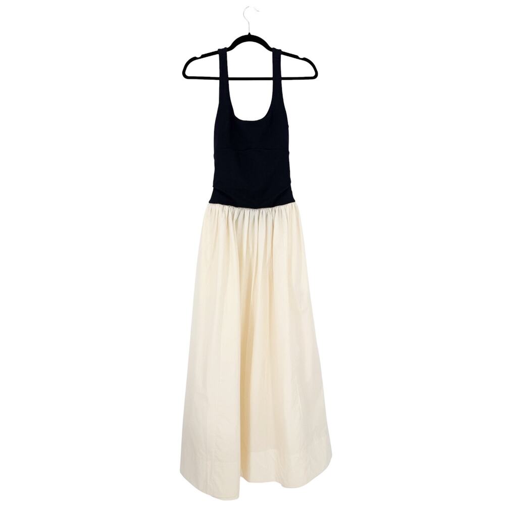 Banana Republic Stretch Cotton Poplin Maxi Dress Navy Blue Cream Size Small - Picture 3 of 10